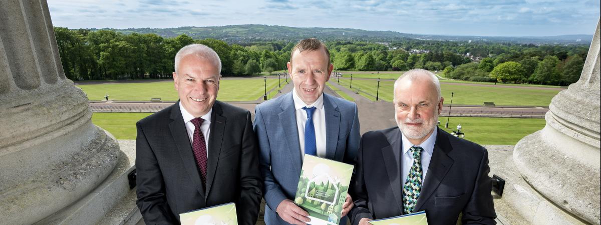 Launching the Forum for a Better Housing Market NI report, New Foundations: The route to low carbon homes, is Jim McCooe, Lloyds Banking Group Ambassador for Northern Ireland; Professor Martin Haran of Ulster University; and David Little, Chair of the Forum for a Better Housing Market NI. 