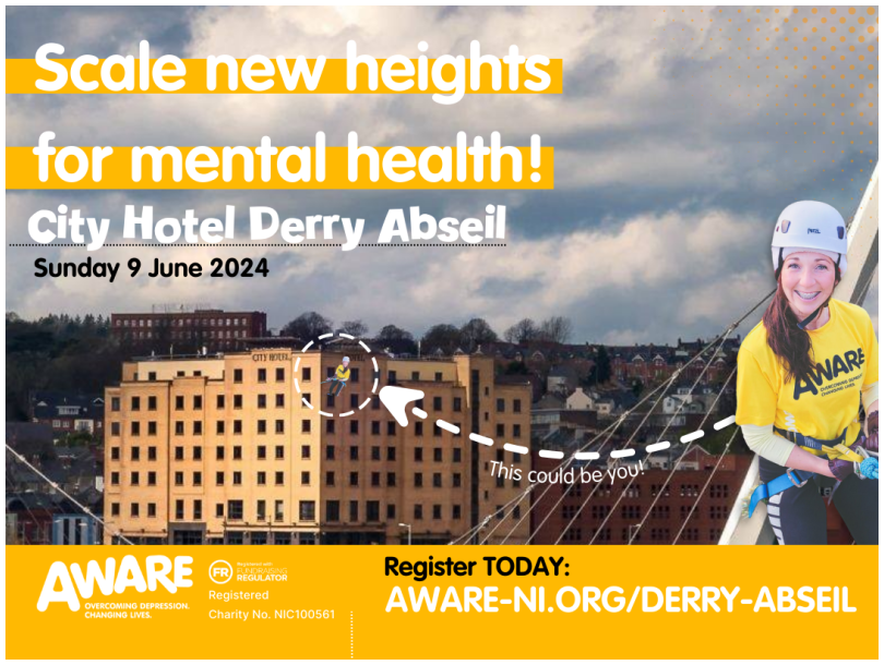 A promotional image featuring City Hotel Derry with an AWARE NI abseiler in action, accompanied by the text 'this could be you.' The image also includes details about the City Hotel Abseil event happening on Sunday, June 9th, and the website aware-ni.org/derry-abseil for more information.