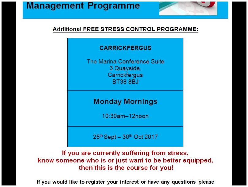 Free “Stress Control” classes are starting in Carrickfergus on 25th September 2017