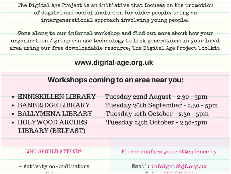 Free Workshops on using Digital Tech to link Generations: Enniskillen, Banbridge, Belfast & Ballymena
