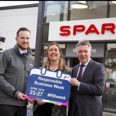 Business in the Community is encouraging businesses across Northern Ireland to share their ‘good’ business stories during Responsible Business Week (#RBweek) which will take place from 23-27 April 2018.  Pictured launching Responsible Business Week 2018 is Bronagh Luke, Henderson Group (centre) with Barry Cox, Manager of SPAR Madigans Court (left) and Kieran Harding, Business in the Community (right).