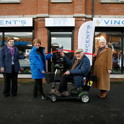 Local man 101 year old Terry Sharp performed the official opening of Vincent’s Springfield Road. He’s pictured with SVP Regional Board Member Anne Irwin, SVP Regional President Mary Waide, and SVP Regional Retail Committee Chair Anne McLarnon. www.svp.ie