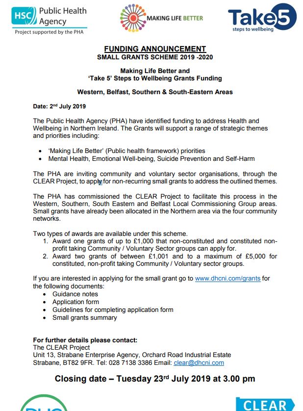 Public Health Grant, dealine 23rd July 2019 CommunityNI