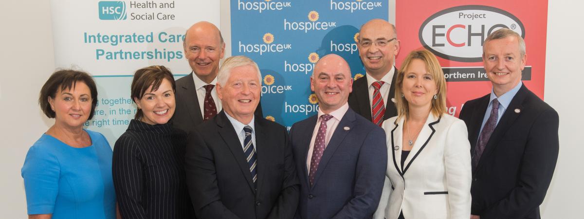 At the official launch of Project ECHO NI are (front row, from left): HSCB Chief Executive Valerie Watts, Department of Health's Director of Transformation Sharon Gallagher, HSCB Chair Dr Ian Clements, HSCB Director of ehealth Sean Donaghy, Chief Executive Hospice UK Tracey Bleakley, Project Director Martin Hayes. Back row: HSCB Director of Integrated Care Dr Sloan Harper and Project ECHO NI Clinical Lead Professor Max Watson.