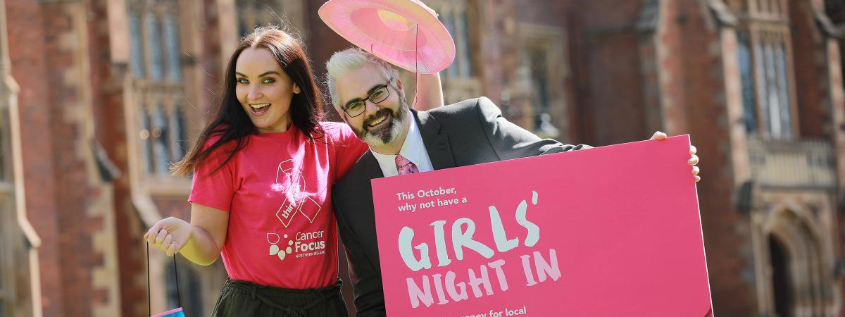 Diona Doherty, of Derry Girls fame, and researcher Dr Kienan Savage get ‘In Pink’ for Cancer Focus NI’s Girls’ Night In campaign to support pioneering breast cancer research at Queen’s University Belfast. To sign up for your Girls’ Night In pack visit www.cancerfocusni.org or call 028 9066 3281.