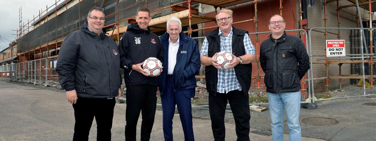 Pictured at the site of the new McDonald Centre are Tommy Whiteside, Treasurer of Crusaders FC; Stephen Baxter, Manager of Crusaders FC; Alan Moneypenny, Chairman of UCIT; Roy McDonald and Jim Crothers, Hubb Resource Centre
