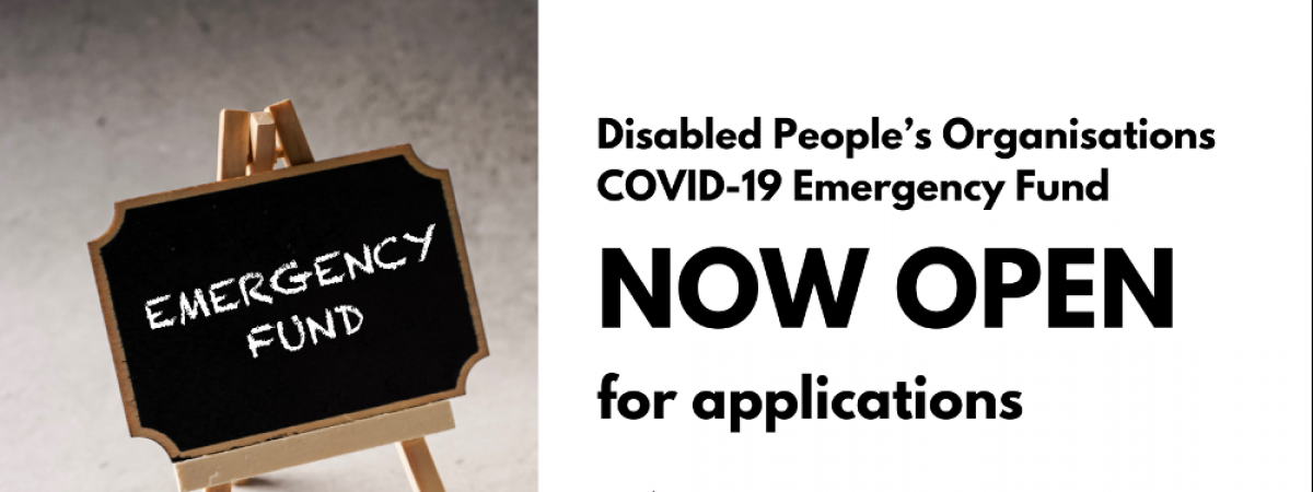 Graphic with text Disabled Peoples Organisations COVID-19 emergency fund is now open for applications. Logos of Disability Action Northern Ireland, Inclusion Scotland, Disability Wales and Inclusion London and NET