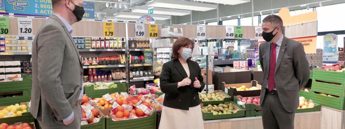 Pictured from left to right at the Connswater Lidl store in Belfast Regional Director for Lidl Northern Ireland Conor Boyle, Economy Minister Diane Dodds and Prince’s Trust NI Director Mark Dougan.