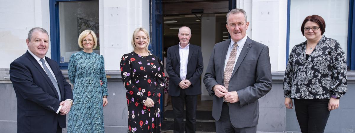  Pictured for the announcement of this first larger investment from the Dormant Accounts Fund NI, a £500,000 grant to enable delivery of the Blueprint programme, are Martin Bradley, Chair, Arts & Business NI; Brona Whittaker, Head of Arts, Arts & Business NI; Mary Nagele, Chief Executive, Arts & Business NI; Paul Sweeney, Chair of Northern Ireland Committee, The National Lottery Community Fund; Conor Murphy, Finance Minister and Kate Beggs, Northern Ireland Director, The National Lottery Community Fund. 