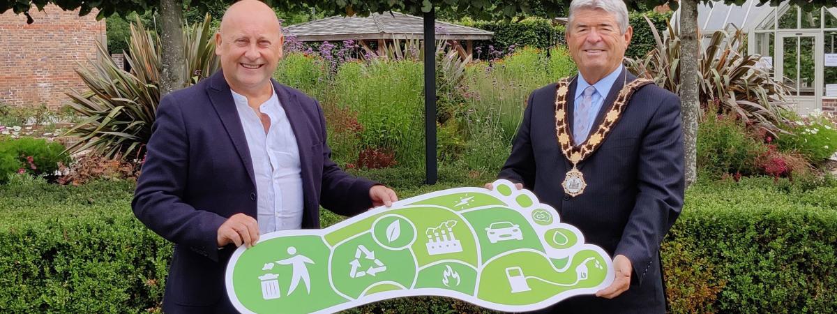 Mayor of Antrim and Newtownabbey, Councillor Billy Webb, is pictured with Denny Elliott, Head of Self Help Africa Northern Ireland, launching the charity’s carbon offsetting campaign. Small and medium sized companies across Antrim and Newtownabbey are being encouraged to join with the charity and plant a million new trees both here in Northern Ireland and in Africa, while offsetting their carbon footprint.