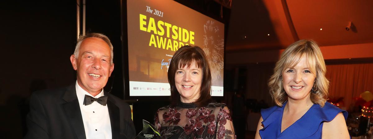 The 2021 Eastside Award for Community Impact sponsored by Belfast Harbour: Ashfield Girls’ High School – Principal Mrs Louise Hanvey, presented by sponsor Mark Doherty and host presenter Tara Mills