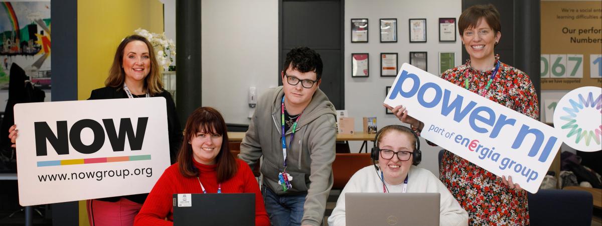 Power NI and NOW Group proud to expand Strategic Partnership. Photographed (L-R) is Business Development Manager of the NOW Group, Nicola Tipping, NOW Group participants Oonagh Reid, Connor McMurray and Aoife MacDermott, and Power NI CSR Manager Gwyneth Compston. 