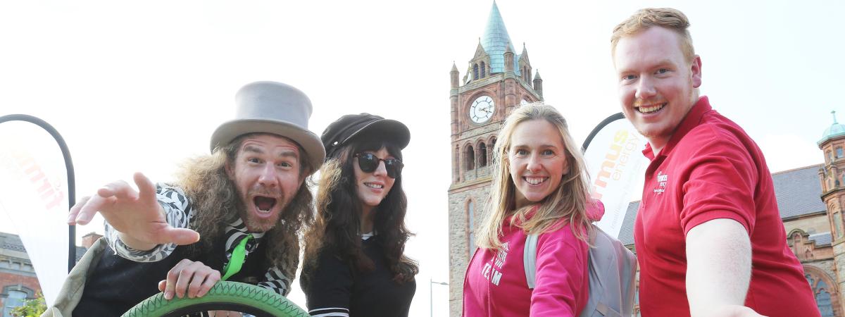 2.	Pictured (L-R) are performers ‘Lukey Luke’ and Rachel Melaugh with Cath McBride – director of In Your Space Circus – and firmus energy’s Michael Braniff.
