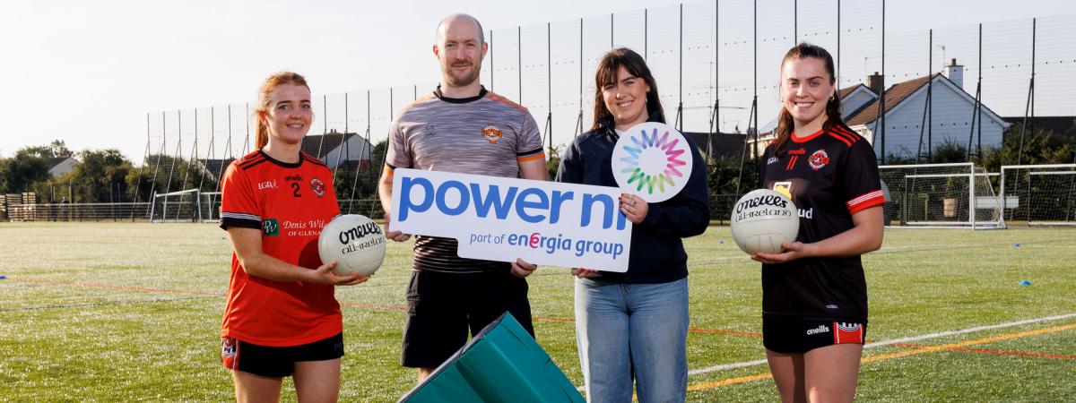 Pictured (L-R) with some of the training equipment that was bought thanks to the £300 Helping Hands donation is St Joseph’s Glenavy GAC Senior Ladies’ player Mary McStravick, Team Manager Chris Scullion, Power NI representative Lauren Donnelly, and club player Grainne McLaughlin.