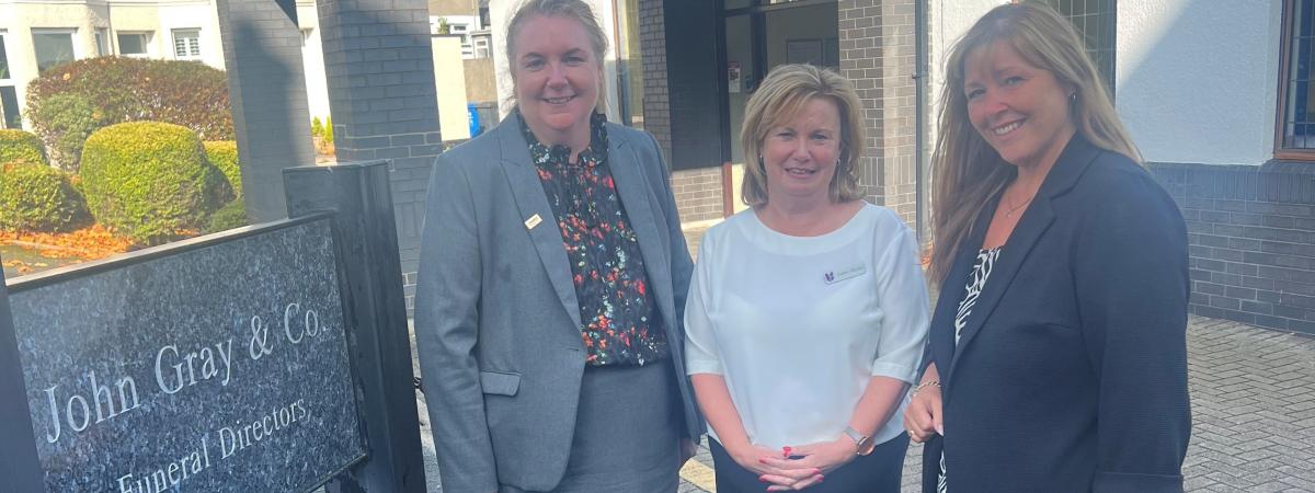 Sandra Williamson, Senior Funeral Arranger, Anne Marie Gallagher, Funeral Arranger and Barbara Wilson, Funeral Manager outside a funeral home