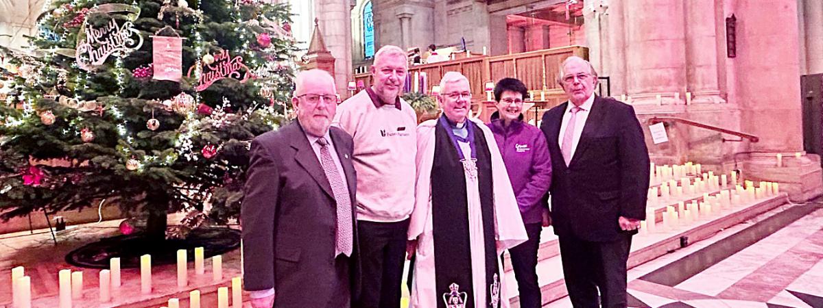 Peter Mulholland, Mulhollands Funeral Directors; Julian Hodgkinson, Regional Development Director, Funeral Partners; Very Rev Stephen Forde, Belfast Cathedral; Thelma Abernethy, Head of Cruse Bereavement Support NI; and James Brown, James Brown & Sons; at ‘Light Up the Night – An Occasion to Remember’, a service in Belfast Cathedral organised by Funeral Partners NI and Cruse Bereavement Support NI. www.jamesbrownfuneraldirectors.com