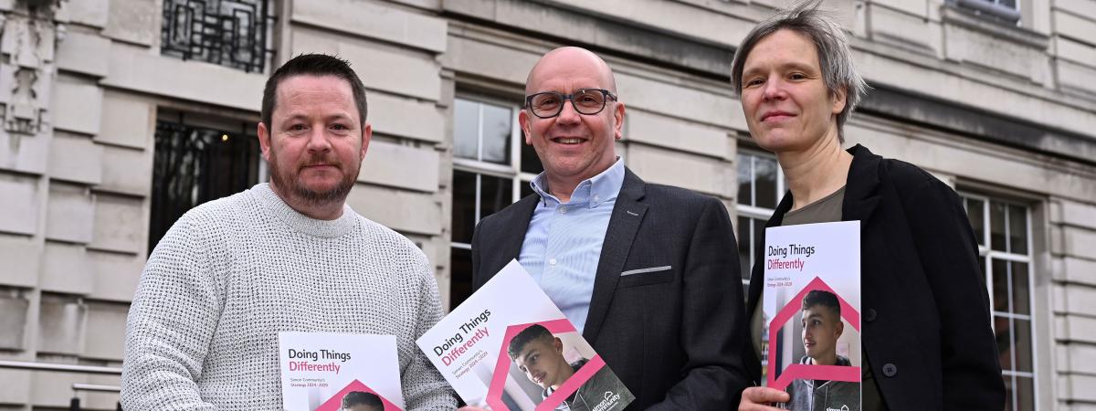Doing things differently: pictured at the Simon Community NI Strategy launch are (left-right) Simon Community NI client John McNamee, CEO Jim Dennison and Managing Director of Vienna homelessness organisation neunerhaus, Elisabeth Hammer. Picture: Michael Cooper 