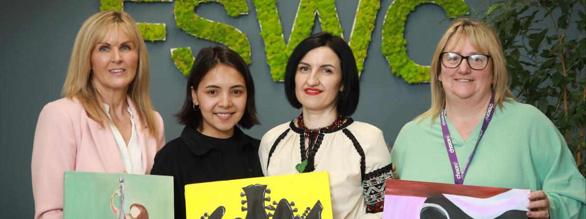 Carol Ervine (Group Director of Tenant and Client Services at Choice) pictured with artist Alina Gawhary, Choice tenant Svitlana Sukar, and Choice Tenant Engagement Officer Anne McAllister. 