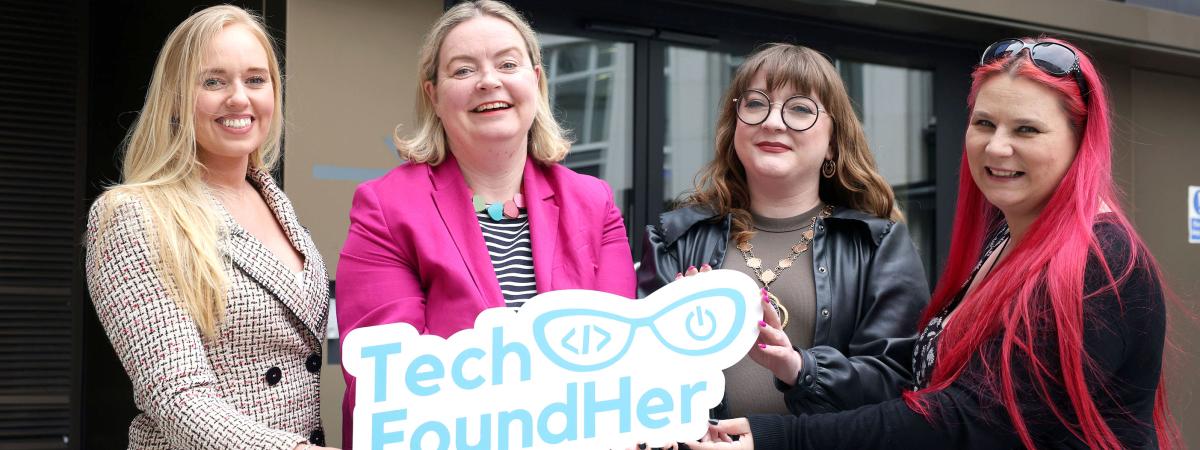 Laura McLean, Head of NI at Synechron, TechFoundHer Founder Mairin Murray, Deputy Lord Mayor Áine Groogan and Tina Calder, Chief Vision Officer at Excalibur Press