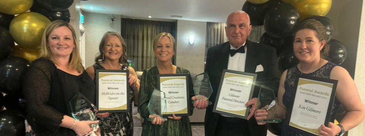 Comber Chamber of Commerce members recognised at the inaugural Funeral Awards Northern Ireland. Pictured are Laura Lamont and Wilma Bell of McBrides on The Square; Tracy Burrows, Floral Creations; Ken Gilmore and Suzanne Ross of Gilmore Funeral Directors. 