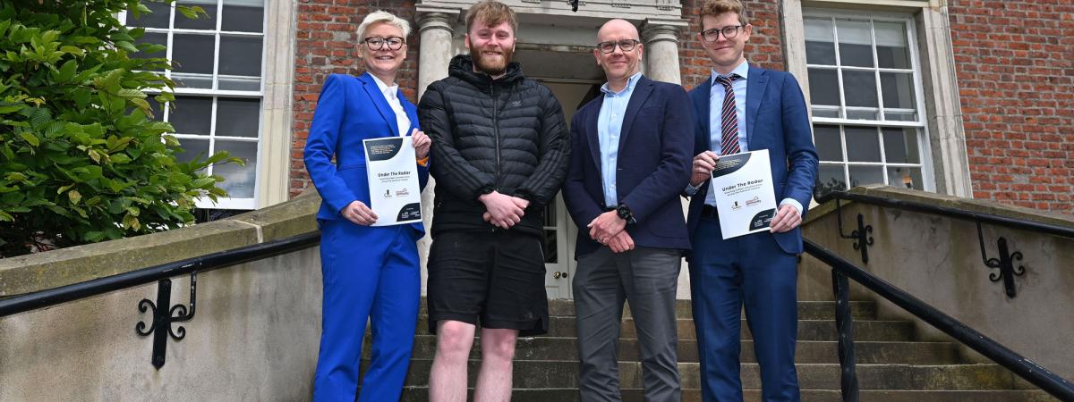 Unveiling Hidden Homelessness: Pictured (left-right) are Simon Community NI Head of Research and Development Karen McAlister, Simon Community client Justin, CEO Jim Dennison and Ireland Thinks Managing Director Dr Kevin Cunningham.