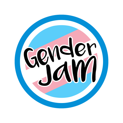 The GenderJam Logo - blue outline of a circle, with the trans colours (blue, pink, white, pink, blue) striped across the middle. The text "GenderJam" is overlaid on these colours in a funky black font.