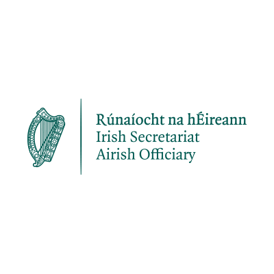 Green harp with text of Irish Secretariat in English Irish and Ulster Scots
