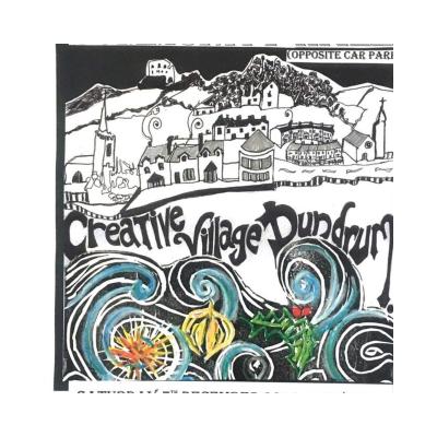 Logo depicts an artist's impression of Dundrum Village with Main Street buildings in background and Dundrum Bay waves in foreground including text 'Creative Village Dundrum'