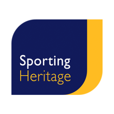 Navy blue and gold square with the words Sporting Heritage written on it