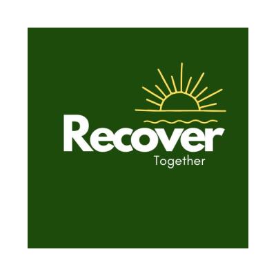 The word Recover in large white with together below in yellow text. There is a half sun rise above Recover and the logo is on a green background.