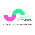 Logo: pink and teal arcs with the words 'University of Atypical for Arts and Disability'