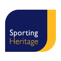 Navy blue and gold square with the words Sporting Heritage written on it