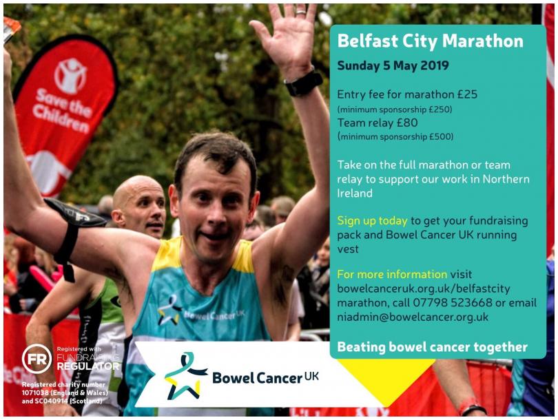 Sign up to run the marathon or relay in aid of Bowel Cancer UK's work in Northern Ireland