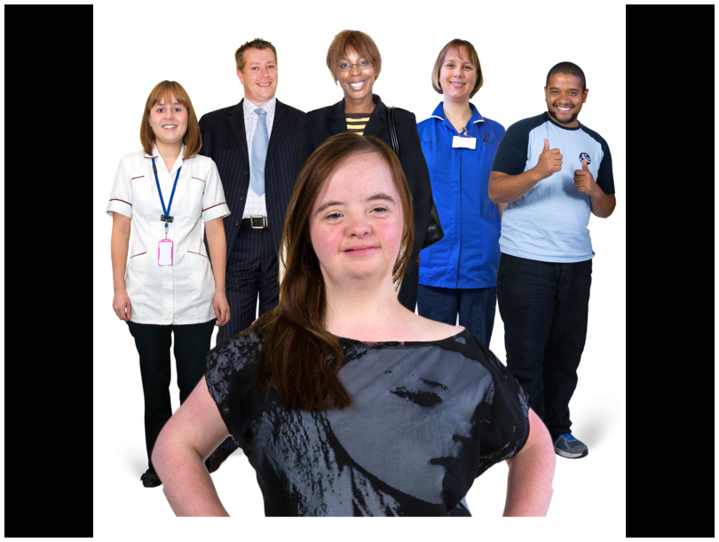 Female with a learning disability standing in front of her support team that consists of 5 people