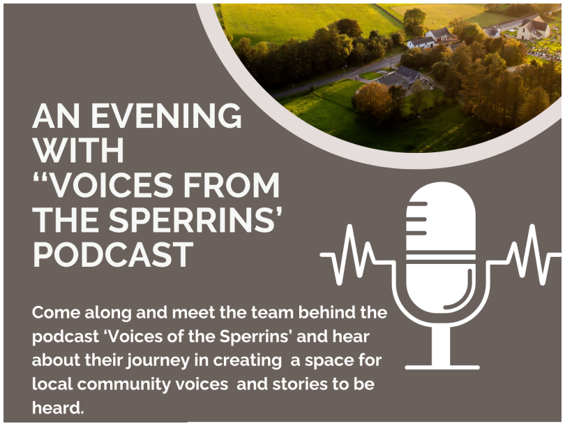 Image shows a brown poster with information about the event 'An evening with Voices from the Sperrins Podcast'.