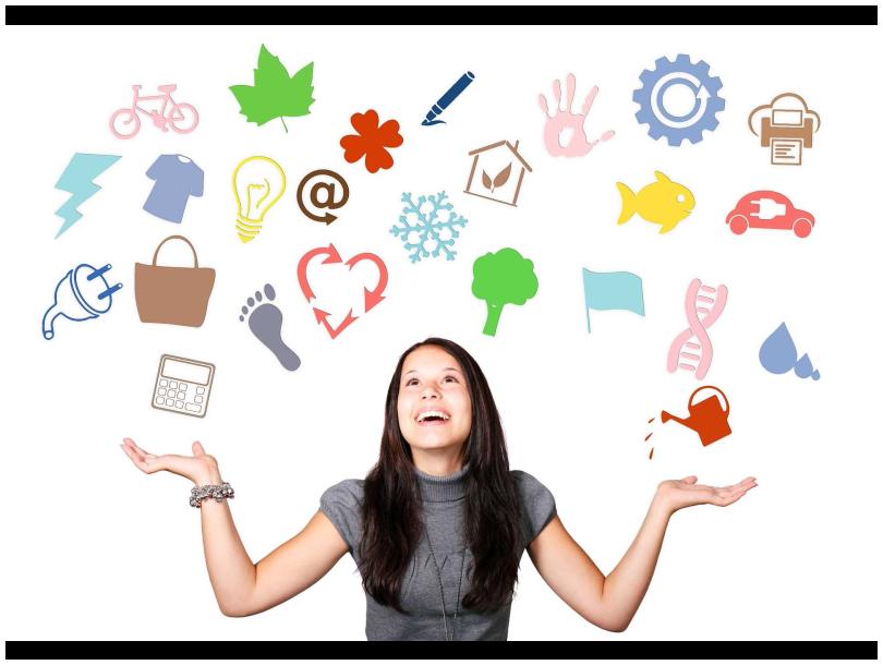 Girl with hands sprayed facing up, above her various icons; watering can, electric car, footprint, calculator, bike, pen, printer etc. 