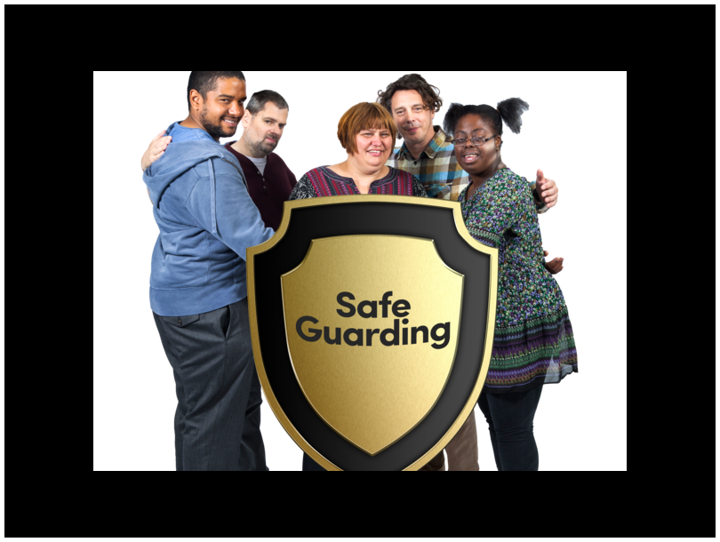 three men and two women stand close together behind a shield that says "Safe Guarding."