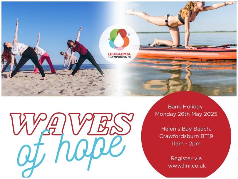 Waves of Hope yoga and SUP event for Leukaemia & Lymphoma NI at Helen's Bay Beach on Monday 26th May 2025