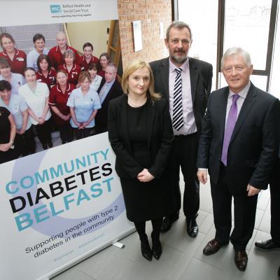 Launching the new Belfast community diabetes service for people with type 2 diabetes are (second left) Richard Pengelly, Permanent Secretary of the Department of Health, with Dr Ian Clements, chair of the Health and Social Care Board, Dr Glynis Magee, community consultant diabetologist, Belfast Trust, and GP and chair of the South Belfast Integrated Care Partnership, Dr Martin Cunningham (right).
