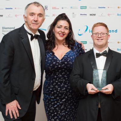 NOW Group participant Francis Fitzsimons and CEO Maeve Monaghan are pictured with Barry Phillips, Chairman, Legal-Island. NOW were awarded the Best Disability Initiative award for the JAM Card.