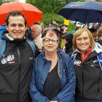 Northern Ireland walkers Olivia and Noel with Comedian and walker Jo Brand at the start of the Great Big Walk 2017 in  Batley, Yorkshire 