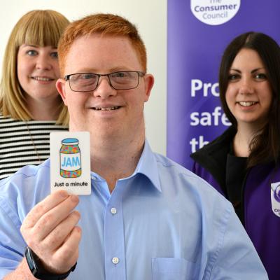 Francis Fitzsimons displays the JAM Card at The Consumer Council, who has become a JAM Card Friendly Organisation. Pictured with Christine McClune (Now Group) and Sarah Hunter (The Consumer Council). 
