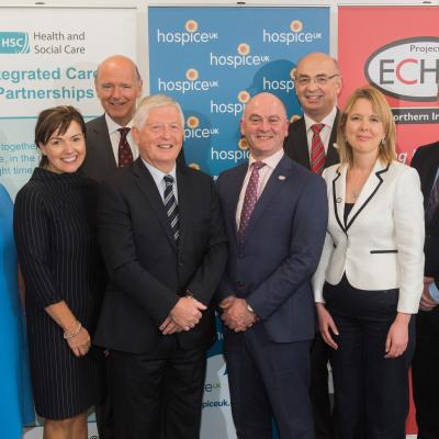 At the official launch of Project ECHO NI are (front row, from left): HSCB Chief Executive Valerie Watts, Department of Health's Director of Transformation Sharon Gallagher, HSCB Chair Dr Ian Clements, HSCB Director of ehealth Sean Donaghy, Chief Executive Hospice UK Tracey Bleakley, Project Director Martin Hayes. Back row: HSCB Director of Integrated Care Dr Sloan Harper and Project ECHO NI Clinical Lead Professor Max Watson.