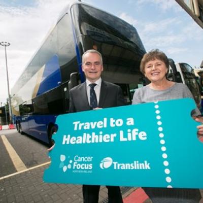Translink Group Chief Executive Chris Conway and Cancer Focus NI Chief Executive Roisin Foster launch a three year partnership with a new ‘Travel to a Healthier Life’ campaign, ahead of Bus + Train Week (June 4 – 10), to raise awareness about the steps people can take to lower cancer risks. 