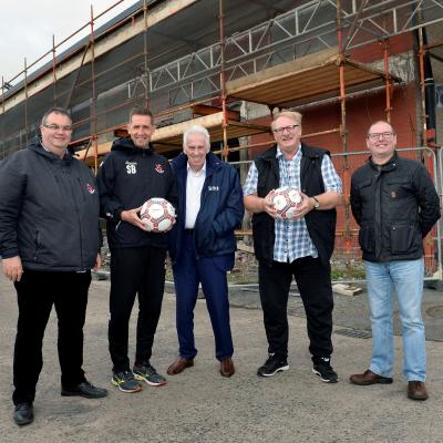 Pictured at the site of the new McDonald Centre are Tommy Whiteside, Treasurer of Crusaders FC; Stephen Baxter, Manager of Crusaders FC; Alan Moneypenny, Chairman of UCIT; Roy McDonald and Jim Crothers, Hubb Resource Centre