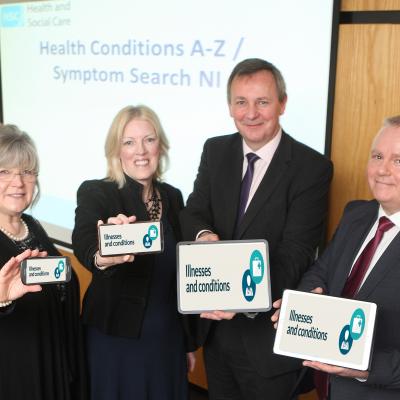 Department of Health Permanent Secretary Richard Pengelly  (second right) who launched the online A-Z symptom search on nidirect with Dr Edward O’Neill, consultant medical advisor with the Health and Social Care Board, Karen Mooney, patients group, Royal College of  General Practitioners Northern Ireland and Caron Alexander, Department of Finance.