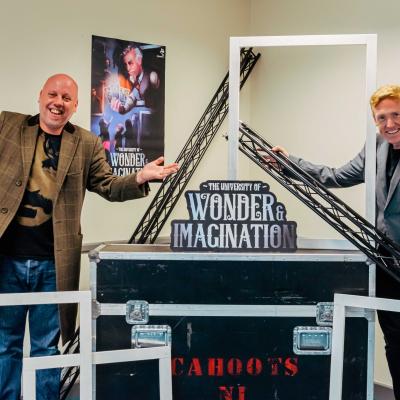 Cahoots Artistic Director Paul McEneaney with actor Hugh W Brown launching the new Cahoots show University of Wonder & Imagination. Photo by Francine Montgomery / Excalibur Press For more information contact Tina Calder, Excalibur Press, 07305354209, tina@excaliburpress.co.uk