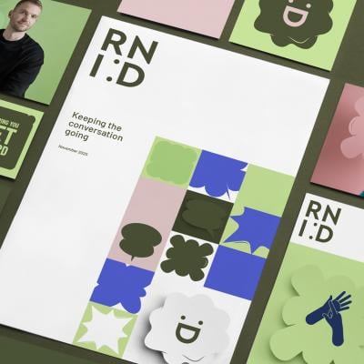 a collection of images showing RNID's new branding in green and pink
