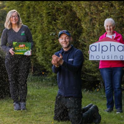 Pictured from left to right: Vickie Chambers, Supporter Relationship Manager at Ulster Wildlife, Martin from Outwork, and Alpha tenant Val.