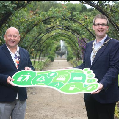 Deputy Mayor of Ards and North Down, Councillor Robert Adair, is pictured with Denny Elliott, Head of Self Help Africa Northern Ireland, launching the charity’s carbon offsetting campaign. Small and medium sized companies across Ards and North Down are being encouraged to join with the charity and plant a million new trees both here in Northern Ireland and in Africa, while offsetting their carbon footprint.